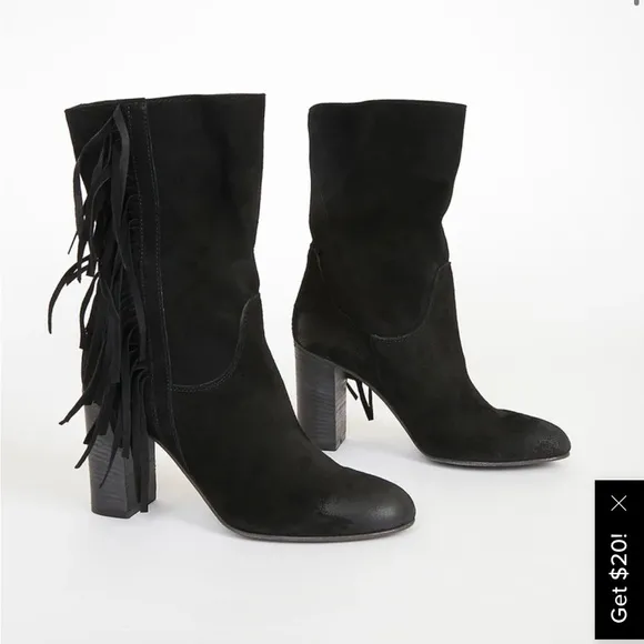 Free People Wild Rose Black Suede Leather Fringe Mid-Calf Slouch Boots