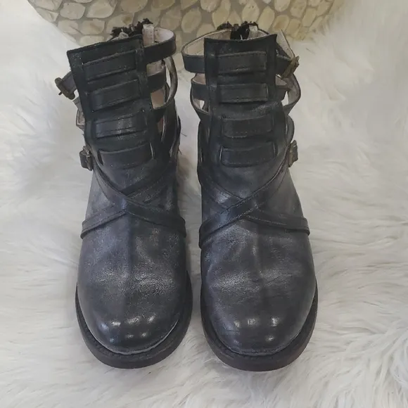 Freebird Black Leather Ankle Boots with Buckle Straps