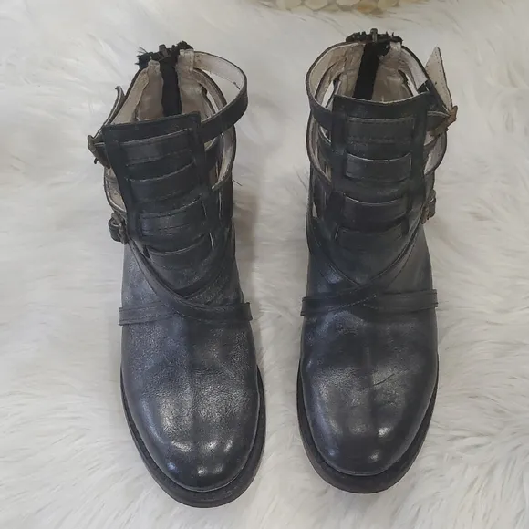Freebird Black Leather Ankle Boots with Buckle Straps