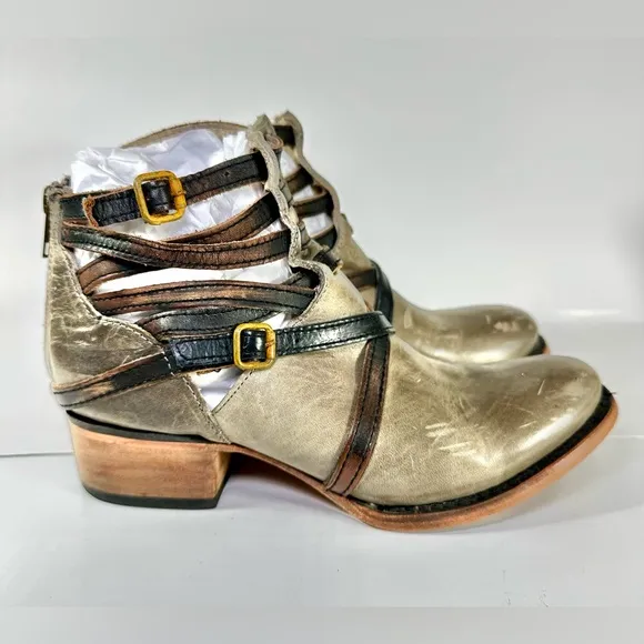 FREEBIRD BY STEVEN STAIR STRAPPY ANKLE LEATHER BOOTS Gray Greenish SIZE 7
