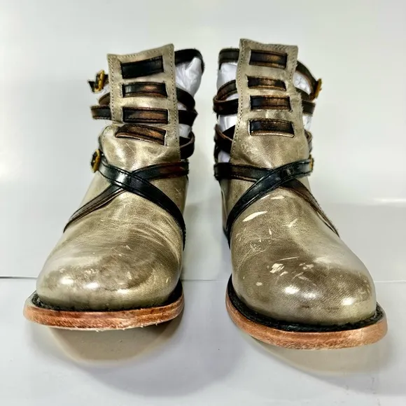 FREEBIRD BY STEVEN STAIR STRAPPY ANKLE LEATHER BOOTS Gray Greenish SIZE 7