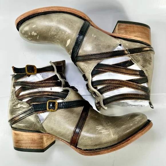 FREEBIRD BY STEVEN STAIR STRAPPY ANKLE LEATHER BOOTS Gray Greenish SIZE 7