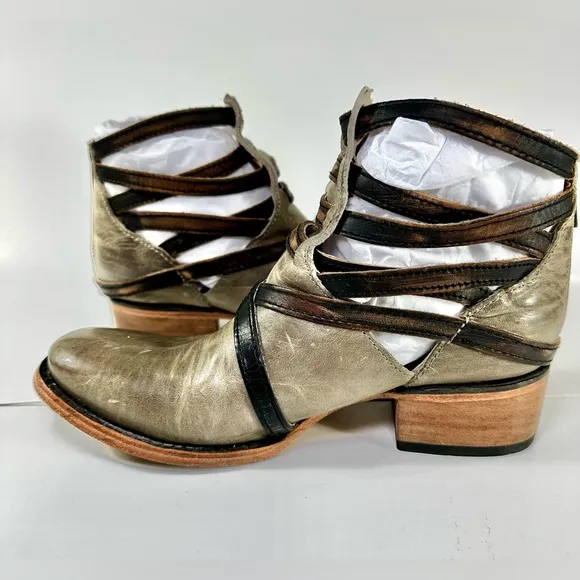 FREEBIRD BY STEVEN STAIR STRAPPY ANKLE LEATHER BOOTS Gray Greenish SIZE 7