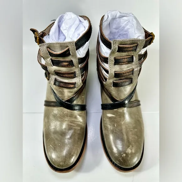 FREEBIRD BY STEVEN STAIR STRAPPY ANKLE LEATHER BOOTS Gray Greenish SIZE 7