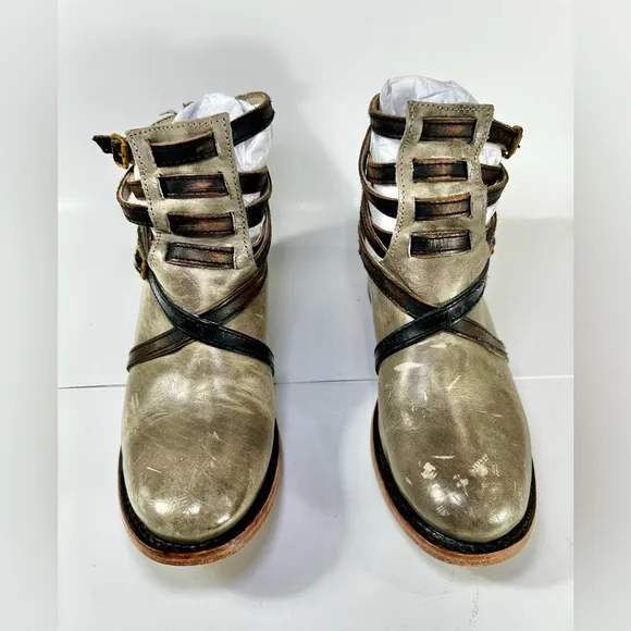FREEBIRD BY STEVEN STAIR STRAPPY ANKLE LEATHER BOOTS Gray Greenish SIZE 7