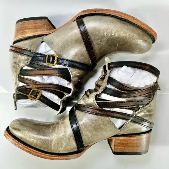 FREEBIRD BY STEVEN STAIR STRAPPY ANKLE LEATHER BOOTS Gray Greenish SIZE 7