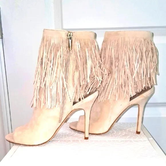 Fringe Suede Ankle Booties - Cream