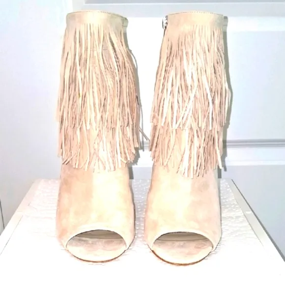 Fringe Suede Ankle Booties - Cream