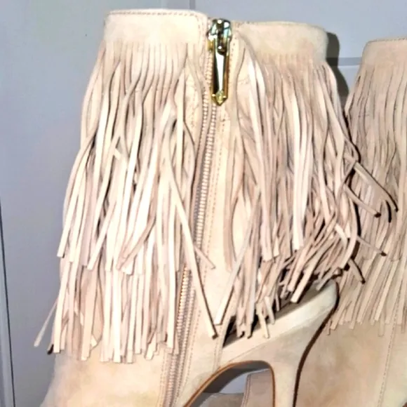 Fringe Suede Ankle Booties - Cream