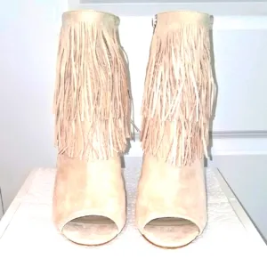 Fringe Suede Ankle Booties - Cream