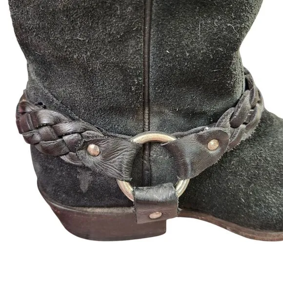 Frye Billy Braided Suede Harness Pull-on Black Boots Sz 8.5