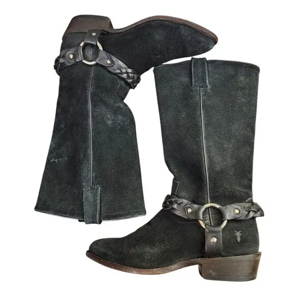 Frye Billy Braided Suede Harness Pull-on Black Boots Sz 8.5