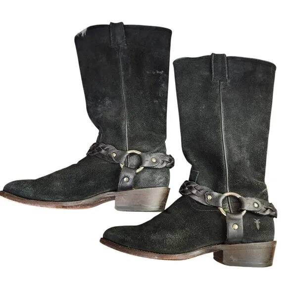 Frye Billy Braided Suede Harness Pull-on Black Boots Sz 8.5