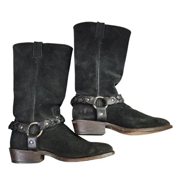 Frye Billy Braided Suede Harness Pull-on Black Boots Sz 8.5