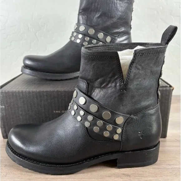 Frye Black Leather Studded Ankle Boots