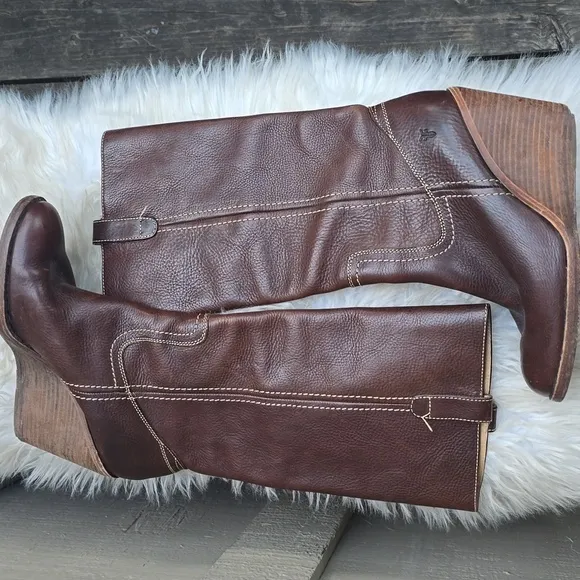 Frye Caroline campus boots brown leather wedge 8M
