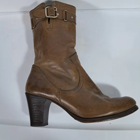 Frye Fiona Stitch Leather Midcalf Boots Buckle Design SZ 7B