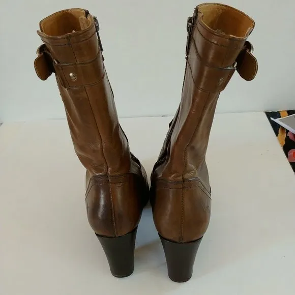 Frye Fiona Stitch Leather Midcalf Boots Buckle Design SZ 7B