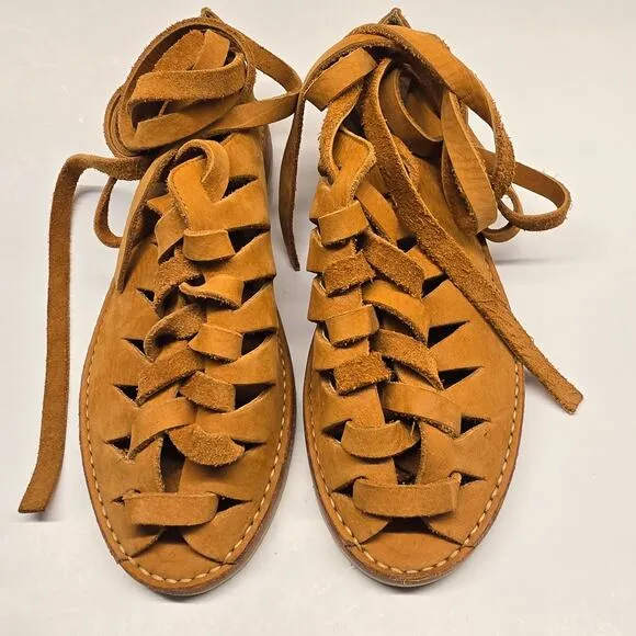 FRYE Holly Camel Brown Leather Gladiator Lace-Up Sandals, Size 8.5
