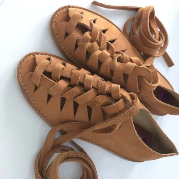 FRYE Holly Camel Brown Leather Gladiator Lace-Up Sandals, Size 8.5