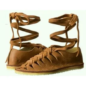 FRYE Holly Camel Brown Leather Gladiator Lace-Up Sandals, Size 8.5