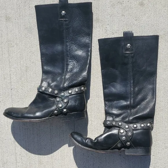Frye Melissa Honeycomb Studded Tall Black Leather Boots