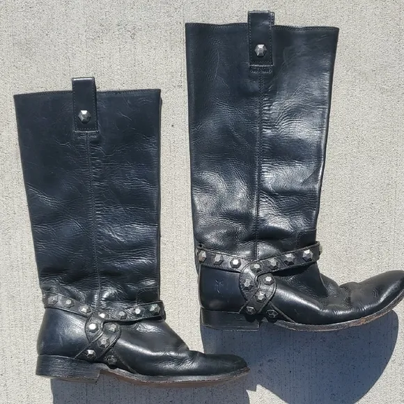 Frye Melissa Honeycomb Studded Tall Black Leather Boots
