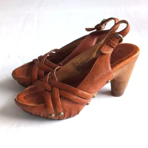 Frye Reese Sling Back Woven Brown Pebble Leather Heeled Sandals Women's Size 7.5