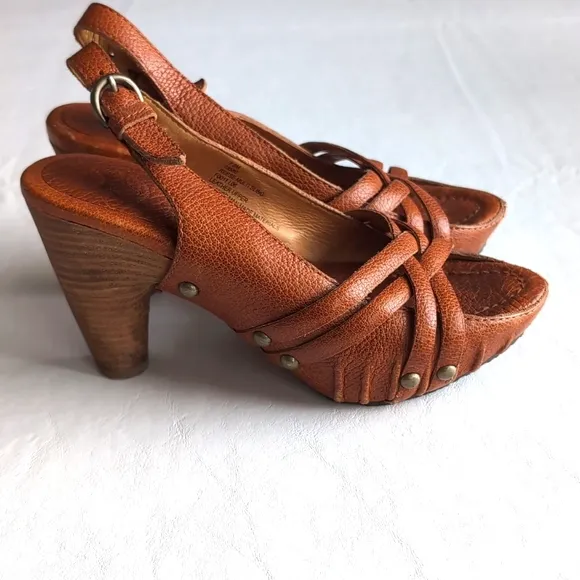 Frye Reese Sling Back Woven Brown Pebble Leather Heeled Sandals Women's Size 7.5