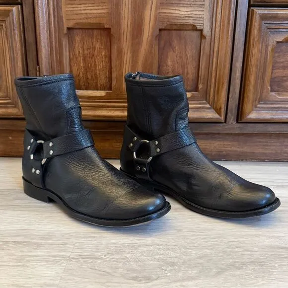Frye Veronica Harness Moto Ankle Boots Black Leather Silver 8