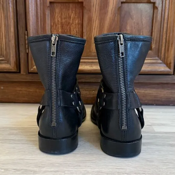 Frye Veronica Harness Moto Ankle Boots Black Leather Silver 8