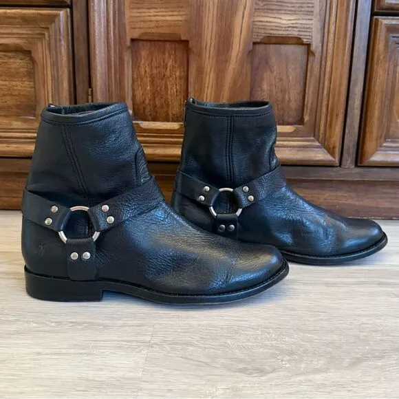 Frye Veronica Harness Moto Ankle Boots Black Leather Silver 8