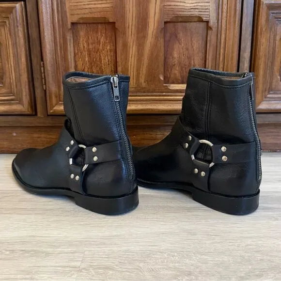 Frye Veronica Harness Moto Ankle Boots Black Leather Silver 8