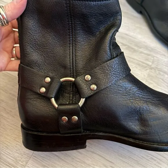Frye Veronica Harness Moto Ankle Boots Black Leather Silver 8