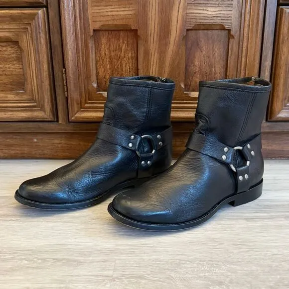 Frye Veronica Harness Moto Ankle Boots Black Leather Silver 8