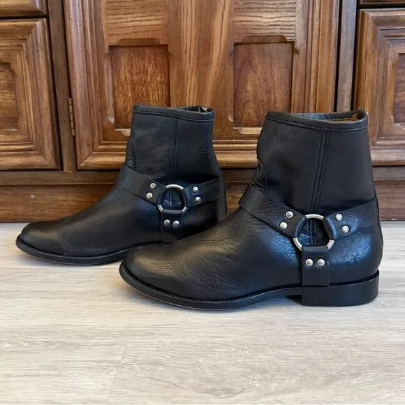 Frye Veronica Harness Moto Ankle Boots Black Leather Silver 8