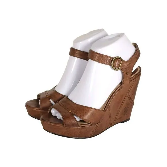 Frye Women’s Corrina Campus US 8M Brown Leather Platform Wedge Sandals shoes