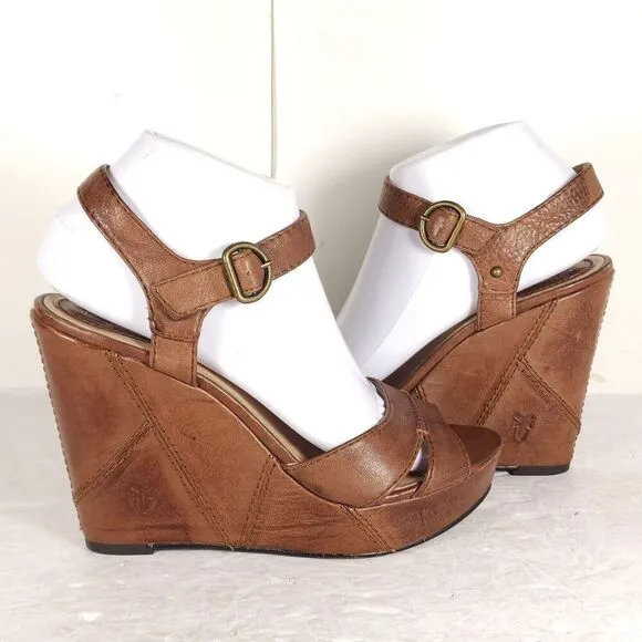 Frye Women’s Corrina Campus US 8M Brown Leather Platform Wedge Sandals shoes