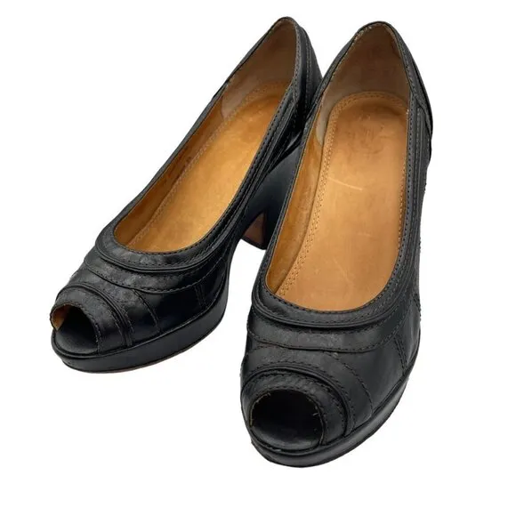 FRYE Women's IRIS Black Leather Peep Toe Platform Block Heel Shoes Size 7B
