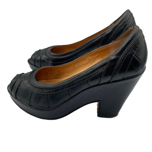 FRYE Women's IRIS Black Leather Peep Toe Platform Block Heel Shoes Size 7B
