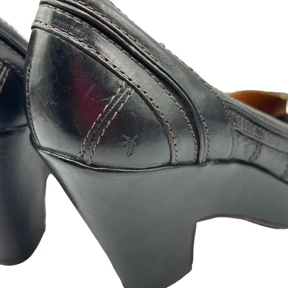 FRYE Women's IRIS Black Leather Peep Toe Platform Block Heel Shoes Size 7B