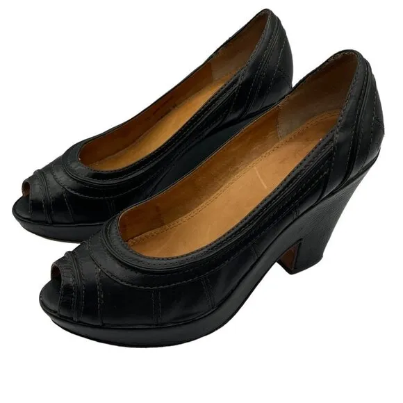 FRYE Women's IRIS Black Leather Peep Toe Platform Block Heel Shoes Size 7B