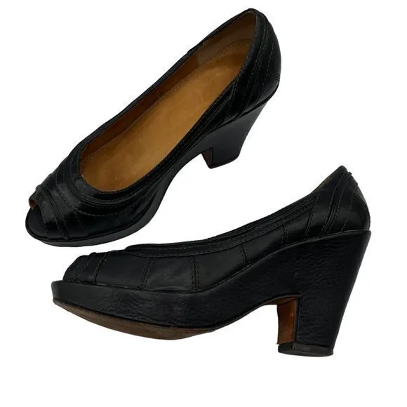 FRYE Women's IRIS Black Leather Peep Toe Platform Block Heel Shoes Size 7B