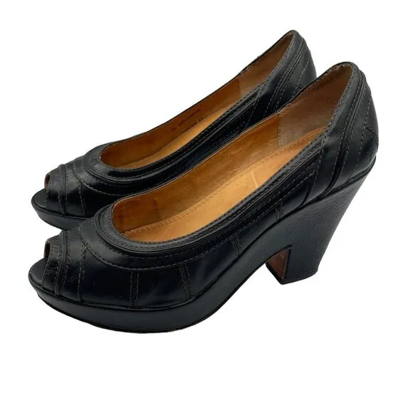 FRYE Women's IRIS Black Leather Peep Toe Platform Block Heel Shoes Size 7B