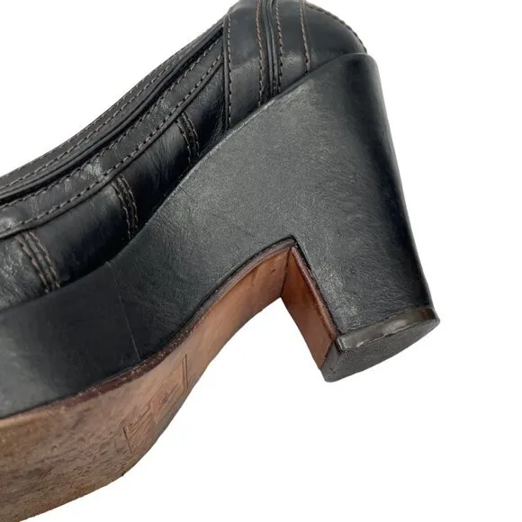 FRYE Women's IRIS Black Leather Peep Toe Platform Block Heel Shoes Size 7B