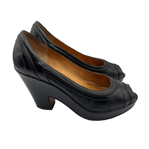 FRYE Women's IRIS Black Leather Peep Toe Platform Block Heel Shoes Size 7B