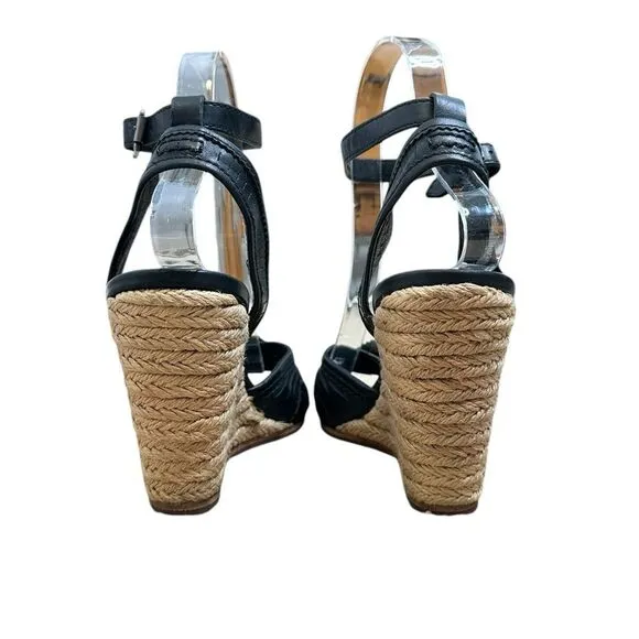FRYE Patricia Concho Black Leather Espadrille Wedge Sandals | Size 7
