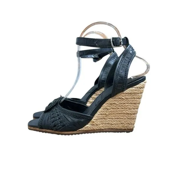 FRYE Patricia Concho Black Leather Espadrille Wedge Sandals | Size 7