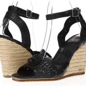 FRYE Patricia Concho Black Leather Espadrille Wedge Sandals | Size 7