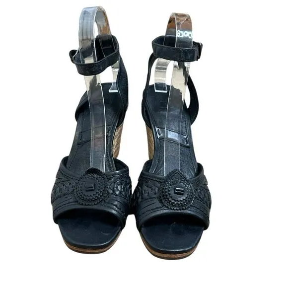 FRYE Patricia Concho Black Leather Espadrille Wedge Sandals | Size 7
